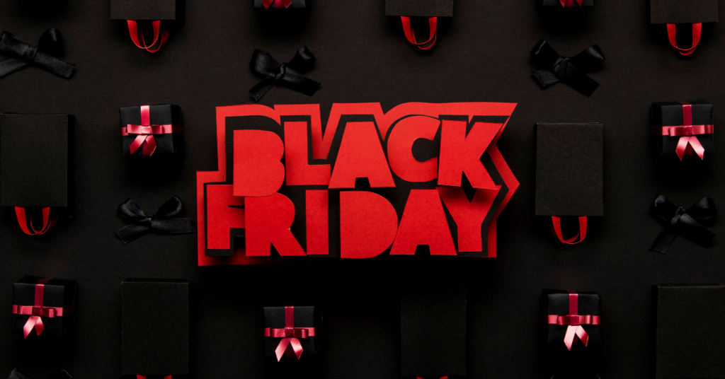 texto black friday com sacolas de presentes