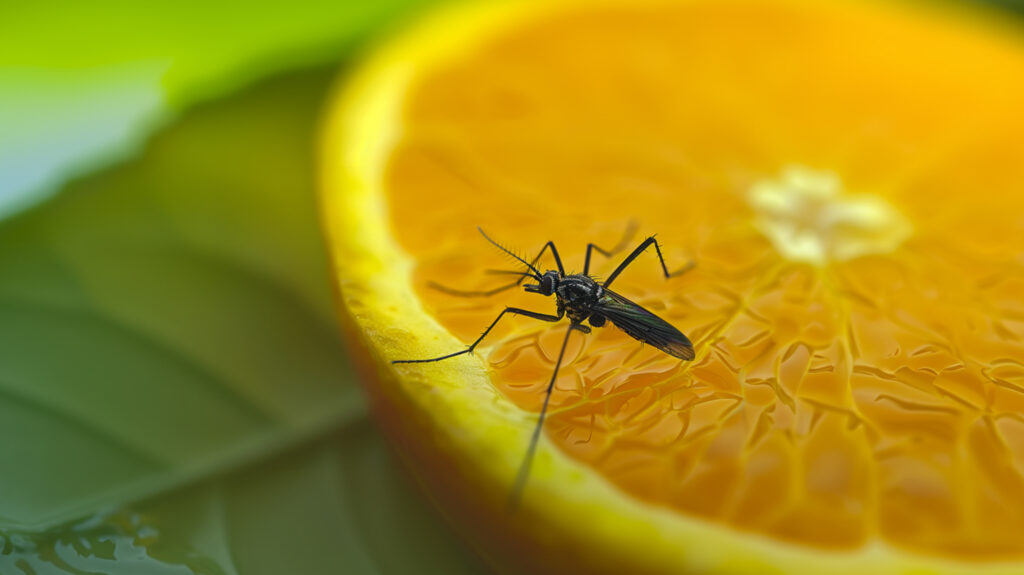 mosquito pousado sobre fruta