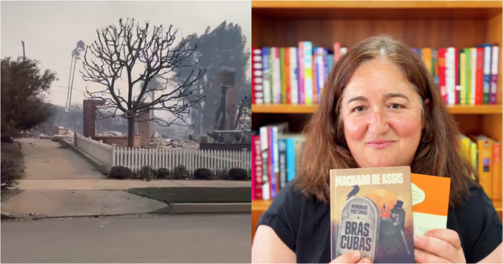 incêndio los angeles courtney Henning Novak segurando livro