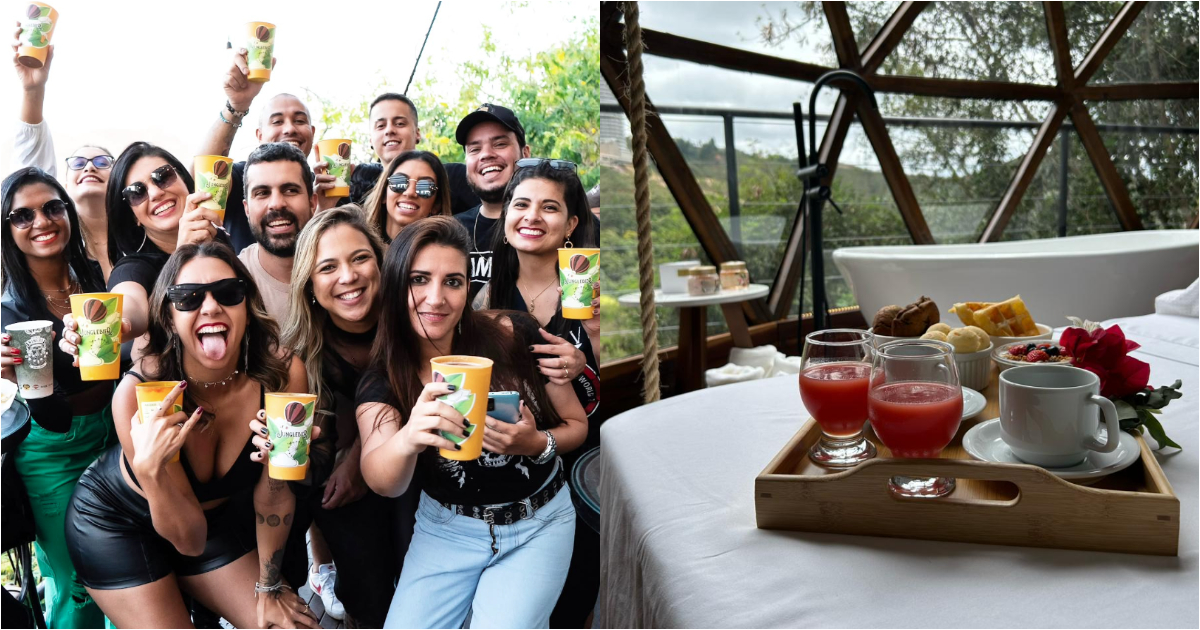 público no jungle bier e vista interna do domo vila da serra