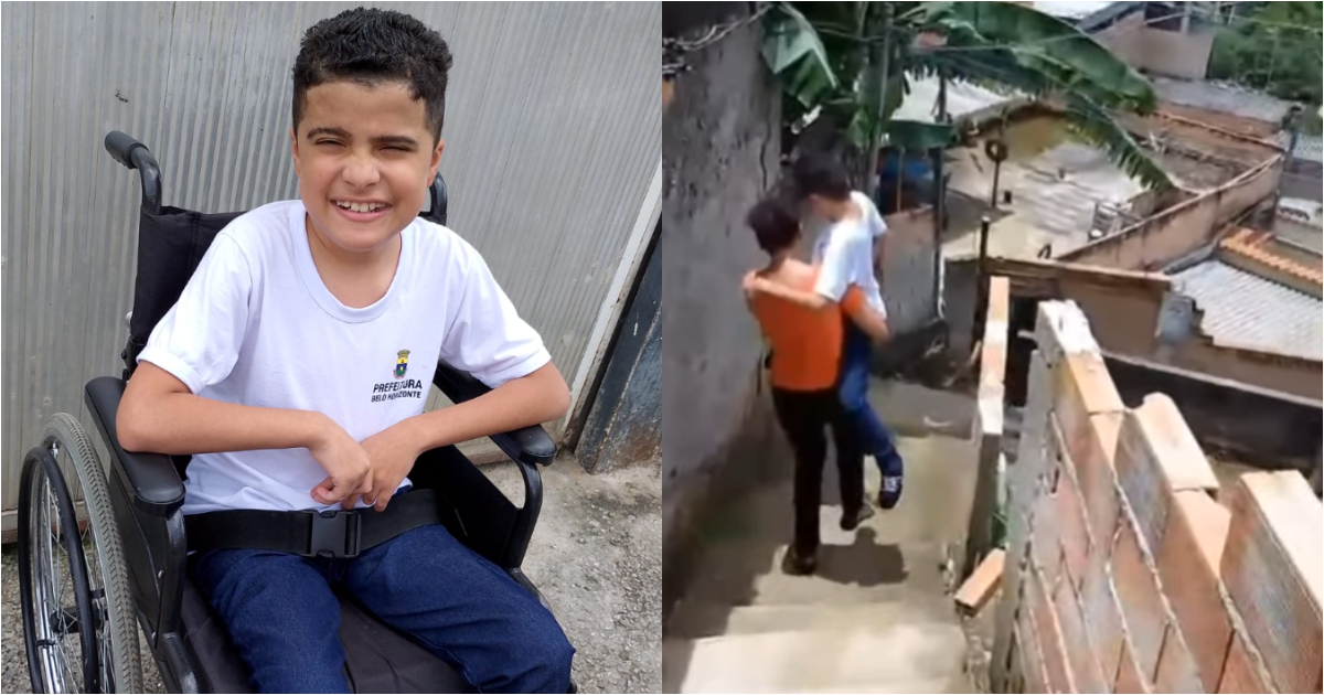 victor gabriel na cadeira de rodas e no colo da mãe