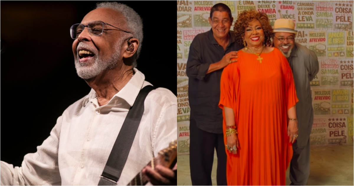 gilberto gil no palco e zeca pagodinho, alcione e jorge aragão posando para fotos