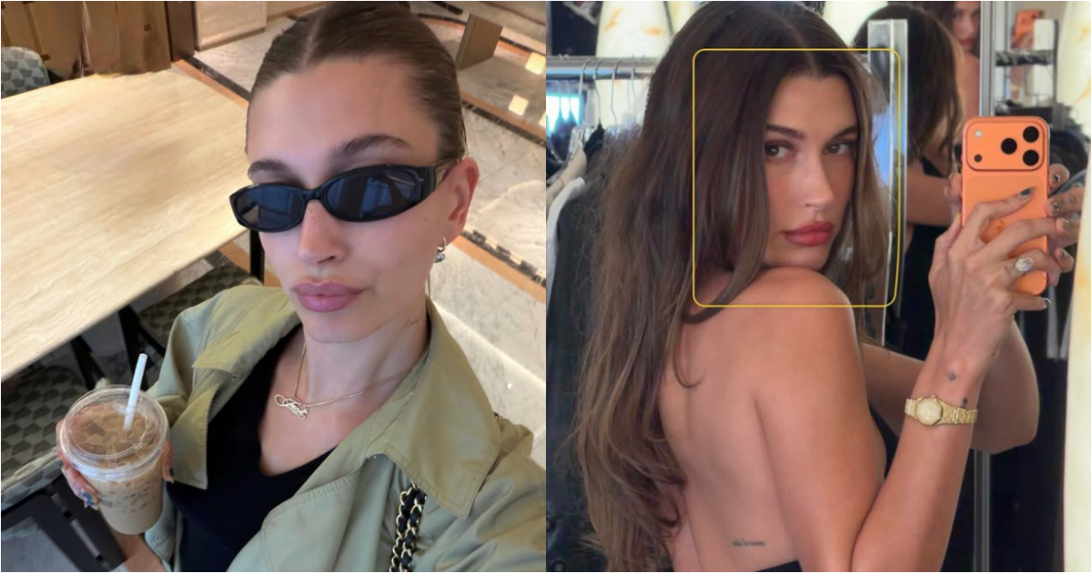 hailey bieber posando com um copo de café na mão e em frente ao espelho