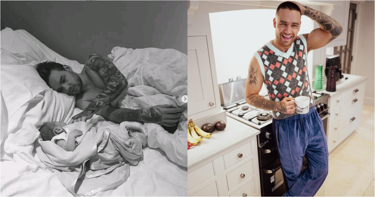 liam payne deitado com bear e liam payne segurando caneca