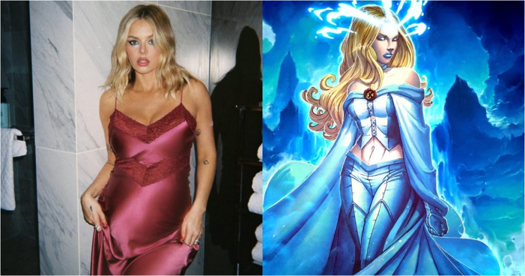samara weaving posando em um banheiro e ilustração da emma frost