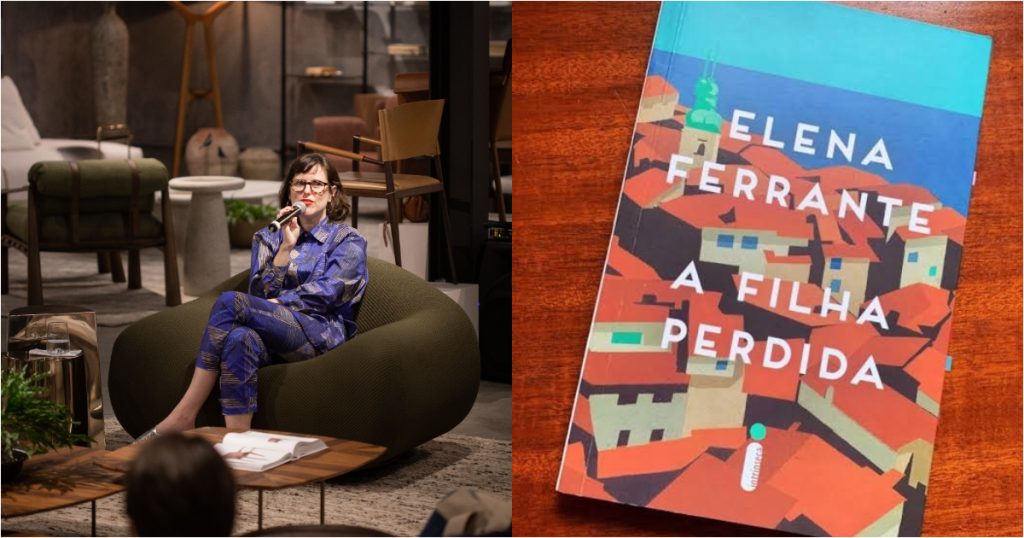 ana astros falando no microfone e livro a filha perdida de elena ferrante