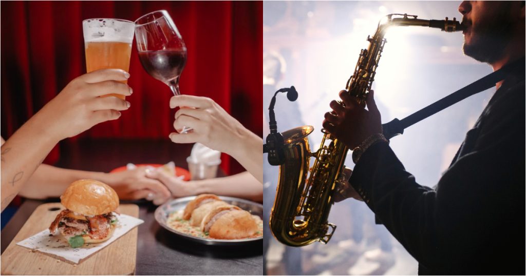 duas pessoas brindando enquanto comem e uma pessoa tocandeo saxofone