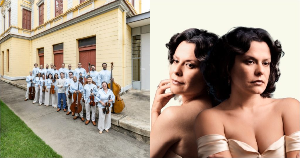 orquestra sesiminas posando no museu de artes e ofícios e montagem com fotos de elis regina