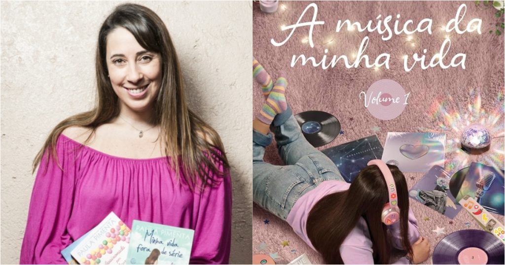 paula pimenta segurando alguns livros e capa do livro a música da minha vida
