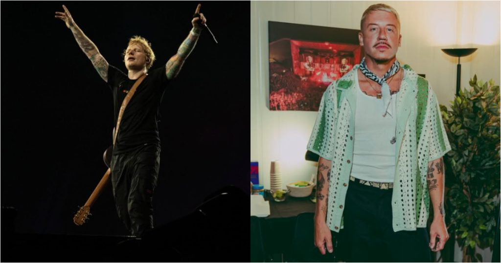 ed sheeran no palco e macklemore nos bastidores de um show
