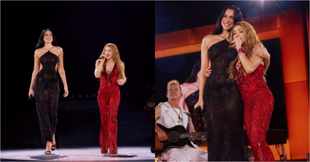 dua lipa e shakira se apresentando no palco em madri
